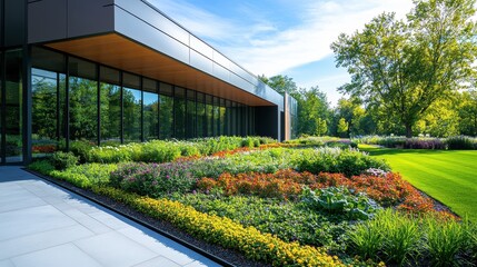 Aufkleber - Beautifully landscaped garden with vibrant flowers and modern architecture in a serene outdoor setting during sunny weather