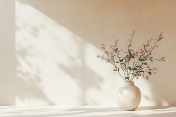 Poster - Elegant vase with delicate flowers casting soft shadows in a serene space during afternoon light