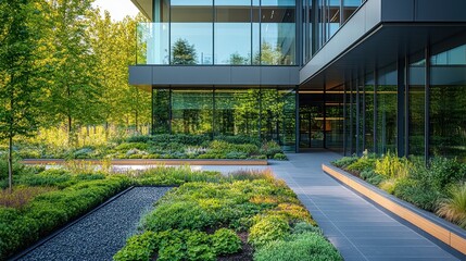 Aufkleber - Beautifully landscaped garden with vibrant flowers and modern architecture in a serene outdoor setting during sunny weather