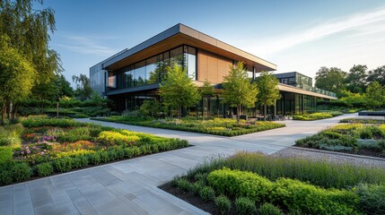 Aufkleber - Beautifully landscaped garden with vibrant flowers and modern architecture in a serene outdoor setting during sunny weather