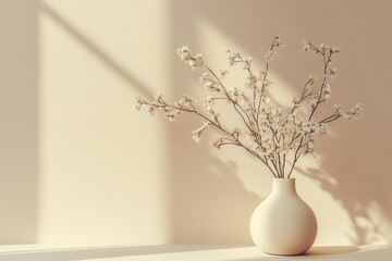 Poster - Elegant vase with delicate flowers casting soft shadows in a serene space during afternoon light