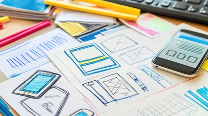 Close-up of mobile app wireframes drawn on a notebook, with smartphone and UI design sketches on desk.