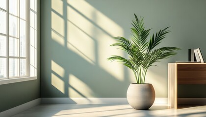 Poster - Bright and airy interior space featuring a green plant, wooden desk, and soft sunlight streaming through large windows in a modern room