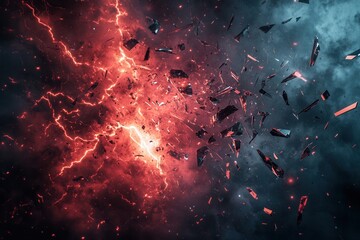 Leinwandbilder - Dramatic red and black abstract background with lightning bolts and shattered glass fragments creating an intense cinematic atmosphere