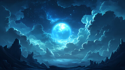 Wall Mural - Dark sky concept. a captivating blue moon shining through dark, moody clouds at night. Moonlit Vapors. Illustration