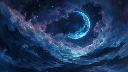 Wall Mural - Dark sky concept. a mesmerizing blue moon illuminating dramatic clouds at night in a stunning sky. Moonlit Vapors. Illustration