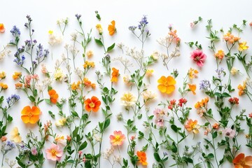 Poster - Delicate arrangement of white flowers and green leaves spread creatively across a light background during springtime