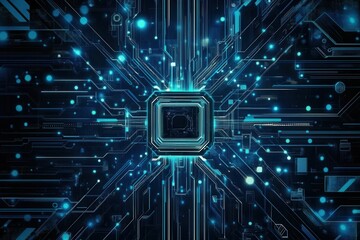 Fototapete - Futuristic neural network patterns in deep blue and cyan showcasing advanced technology in a cutting-edge design with a dark backdrop for text
