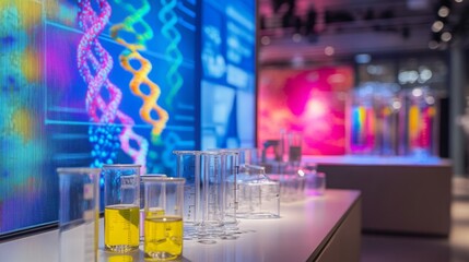 Poster - Colorful liquids are displayed in various glass, containers while digital screens showcase genetic data and molecular structures in a modern laboratory setting focused on AI advancements in biology.