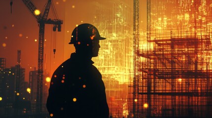 Fototapete - A construction worker stands in silhouette, observing a bustling worksite as the sun sets. Cranes tower above, and vibrant colors illuminate the scene, highlighting ongoing real estate development.