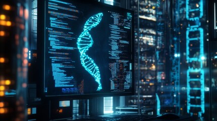 Fototapete - A computer screen showcases a digital illustration of a DNA double helix alongside lines of code.