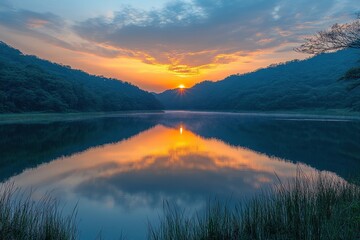 Aufkleber - Stunning sunrise reflecting on tranquil lake surrounded by mountains in serene natural setting
