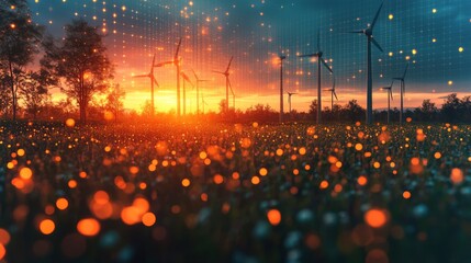 Poster - Colorful sunset illuminates a field filled with glowing lights, while wind turbines stand tall against the dramatic sky. Digital effects add a modern touch to this serene landscape.