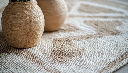 Poster - Two woven vases placed on a textured rug with artistic patterns in a cozy living space