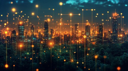 Poster - A vibrant urban skyline glows at twilight, surrounded by green trees. Digital connections and lights create a modern, tech-inspired ambiance, showcasing the blend of nature and city life.