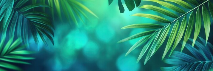 Aufkleber - Tropical paradise featuring blurred palm leaves in vibrant green and teal tones creating a fresh and adventurous atmosphere