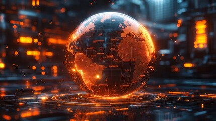 Fototapete - A glowing globe showcases intricate patterns and data points, set against a futuristic city illuminated by orange lights during nighttime. The digital ambiance creates a dynamic atmosphere.