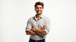 handsome man wearing button down shirt smiling modeling with arms crossed in front of white background