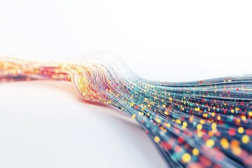 Wall Mural - data transferring through fiber optic cables with glowing particles on white background