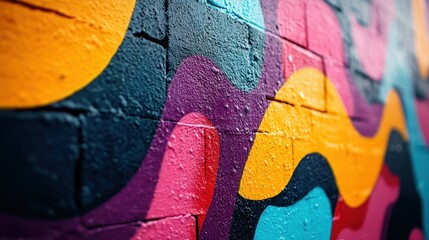 Poster - Colorful abstract mural featuring vibrant geometric shapes on a textured wall with shades of red, blue, yellow, and black in an urban setting during daylight