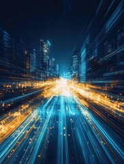 Poster - Dynamic urban nightlife showcases vibrant blue and gold city lights in modern metropolis