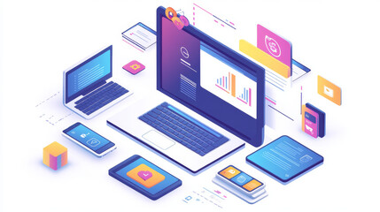 Wall Mural - conceptual illustration digital technology. hanging smart phone, tablet, laptop. porting programs to