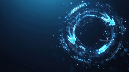 Abstract two arrows go around on a dark blue background. Digital exchange and money transfer concept. Low poly wireframe vector illustration in futuristic hologram style. Polygonal recycle symbol.