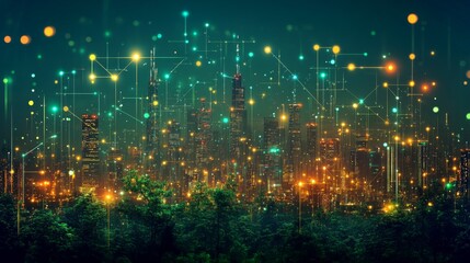 Poster - A city skyline comes alive with colorful lights resembling digital patterns at night. The scene features a mix of modern skyscrapers and lush greenery, creating a unique urban landscape.
