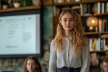 Poster - Young woman presents confidently at a business seminar in a modern venue showcasing professional growth and communication skills