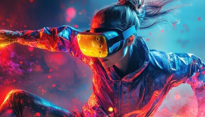 Aufkleber - Experience virtual reality in a futuristic setting with a woman wearing a high-tech headset during an immersive gaming session