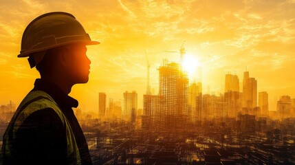 Poster - A construction worker stands in profile against a vibrant sunset, observing a developing urban skyline filled with cranes and tall buildings.