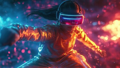 Poster - Experience virtual reality in a futuristic setting with a woman wearing a high-tech headset during an immersive gaming session