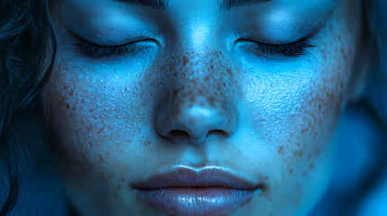 Wall Mural - Serene face, eyes closed, textured skin, cool blue tones. Hypnotic Lumens. Illustration