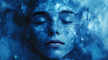 Wall Mural - Serene face, eyes closed, textured skin, cool blue tones. Hypnotic Lumens. Illustration