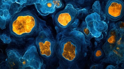 Wall Mural - Glowing orange cores within blue abstract shapes; microscopic view, dark background