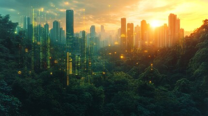 Poster - A vibrant sunset illuminates a futuristic cityscape where towering skyscrapers rise above dense greenery. Luminous lights reflect on buildings, creating a striking contrast with nature.