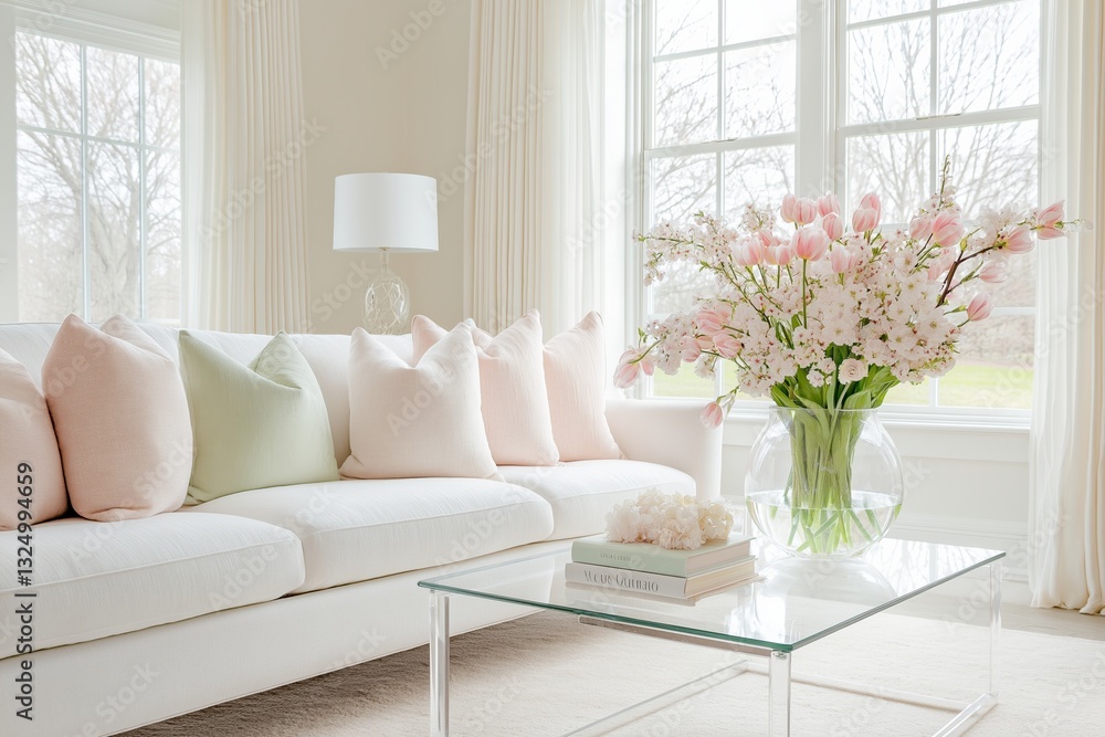 bright and airy spring-inspired living room with a soft pastel color ...