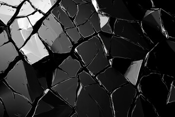 Wall Mural - Abstract monochrome image of cracked glass or surface, fragmented and dark, reflecting light.