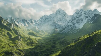 Wall Mural - majestic mountain peaks covered in snow are illuminated by sunlight as clouds drift across the sky, 