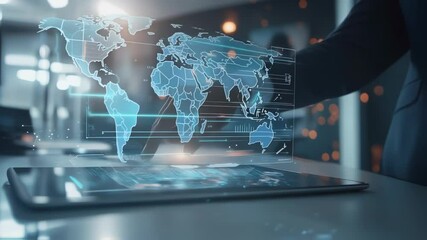 Wall Mural - futuristic office setting showcases businessman manipulating holographic projections on a digital ta