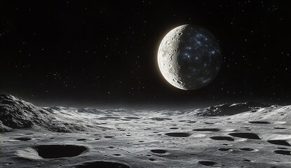 a breathtaking view of a cratered lunar landscape under a luminous half-moon. the stark contrast bet