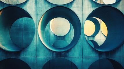 Poster - Vibrant circular patterns adorn a modern architectural wall in an urban setting, showcasing a blend of colors and shapes during daylight