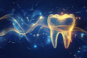 Aufkleber - Glowing golden waves represent the healing process of dental implants with futuristic light streaks illuminating dynamic abstract background