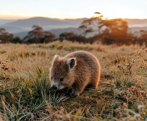 a soft wombat joey eating grass lit by lime lavender shimmer