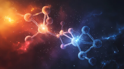 Wall Mural - Abstract molecule structure reacting and glowing in colorful nebula clouds, generating energy and sparks. Nebula Sparks. Illustration