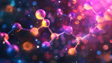 Wall Mural - abstract molecule structure reacting and glowing in colorful nebula clouds, generating energy and sp