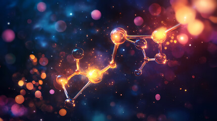 Wall Mural - abstract molecule structure reacting and glowing in colorful nebula clouds, generating energy and sp