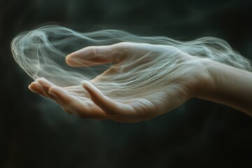 Leinwandbilder - Hand emerging from mist with glowing orange flames in a dark environment, showcasing an ethereal blend of light and texture during twilight