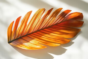 Fototapete - Vibrant tropical leaf displayed on a light background during daylight, showcasing its intricate details and warm colors