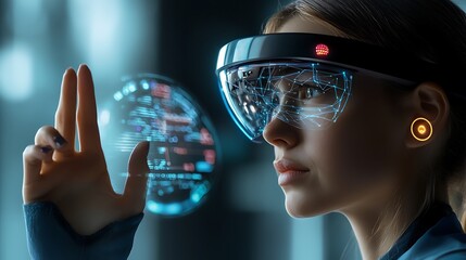 Woman Using Futuristic Headset Interacts with Holographic Display